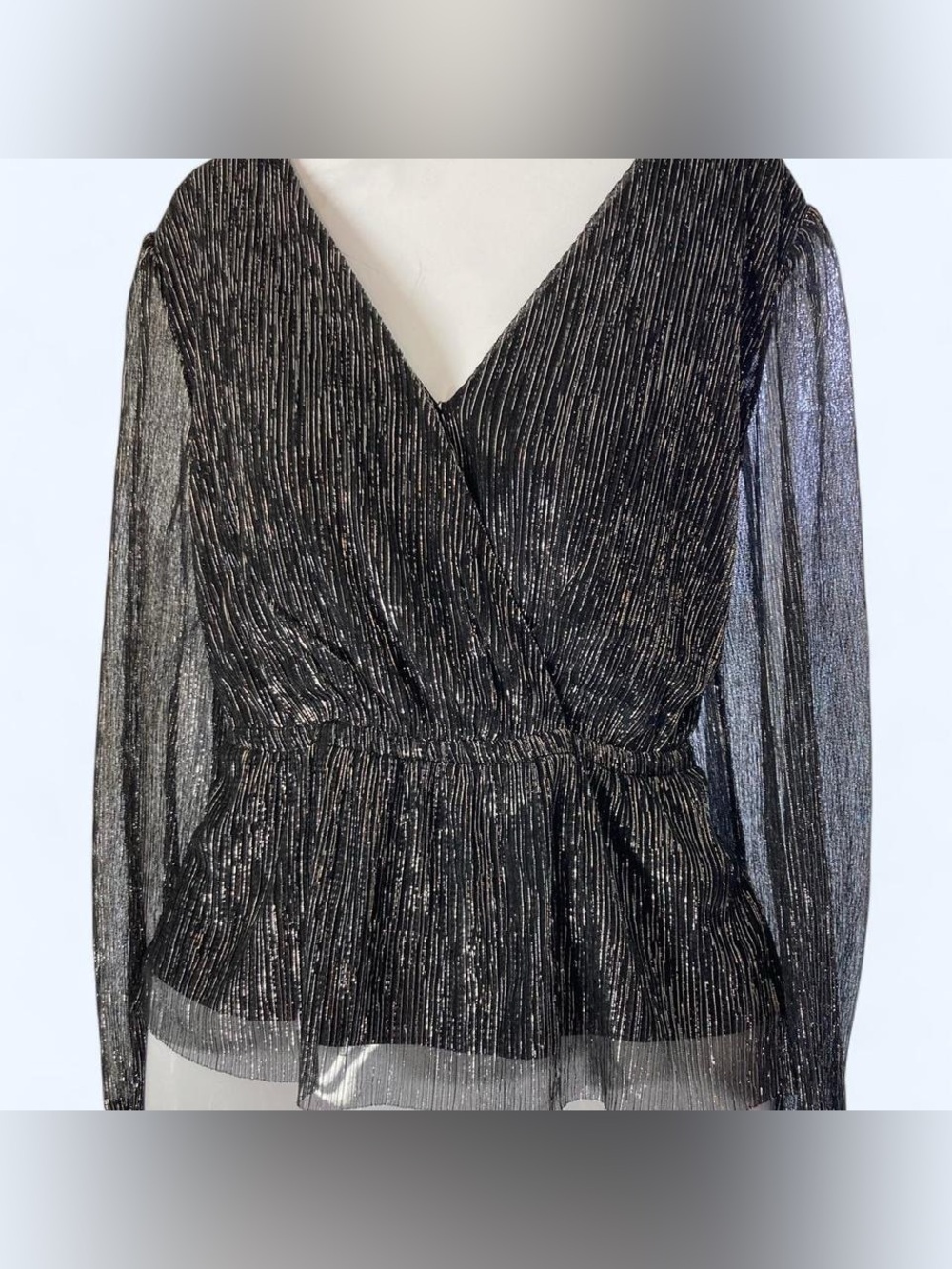 WORTHINGTON black & silver metallic wrap top with ruffle hem and sheer sleeves S
